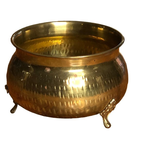Vintage Hammered Brass Bowl Planter w Feet India Patina Cauldron 5"H 7" Diameter - Picture 1 of 12